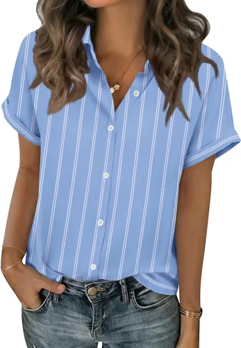 Vista 7 de Zeagoo Blusas de verano de manga corta para mujer, camisas casuales con botones, blusas de trabajo de negocios sólidas/a rayas