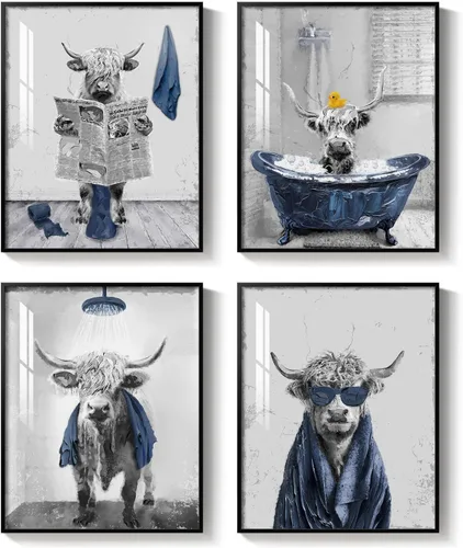 Vista 9 de Arte de pared divertido de vaca de las tierras altas enmarcado para baño, 4 piezas de divertidos animales, impresiones artísticas azul marino, linda