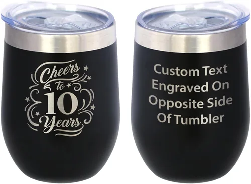 Vista 10 de Cheers to 10 Years - Vaso de vino con tapa deslizante - Taza aislada de acero inoxidable - Regalo para 10 aniversario - Negro