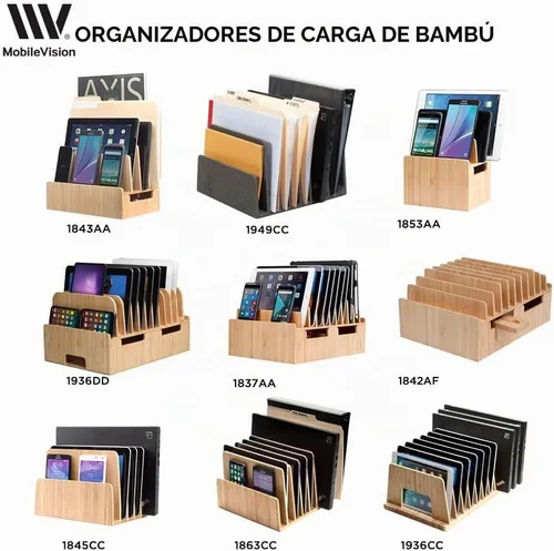 Vista 6 de MobileVision Organizador de dispositivos de bambú para teléfonos inteligentes, tabletas y portátiles, 10 ranuras 10 - Soporte de ranura