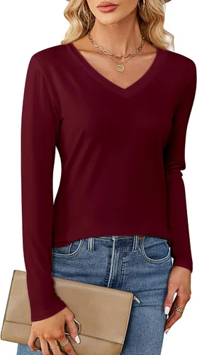 Vista 5 de Ficerd Paquete de 2 camisetas con cuello en V para mujer, manga corta o larga, camisetas básicas de verano casuales con dobladillo sólido