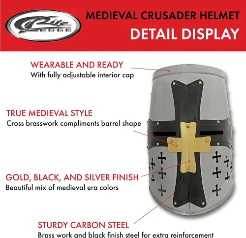 Vista 2 de Casco cruzado de acero y latón estilo medieval de 13 pulgadas con tapa de cuero ajustable