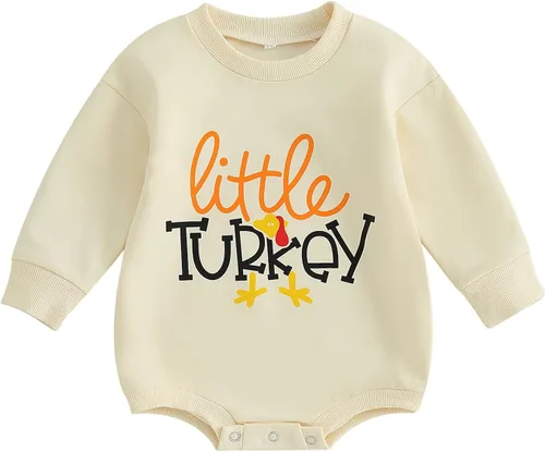 Vista 8 de FYBITBO Thanksgiving Baby Girl Boy Outfit Turkey Pullover Sweatshirt Romper Long Sleeve Onesie Cute Fall Clothes Mameluco Tukey Beige