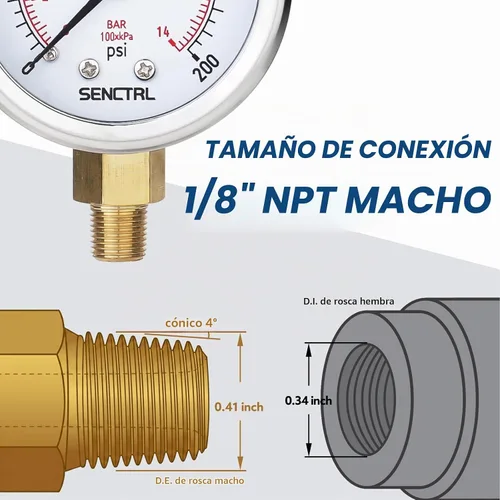 Vista 7 de SENCTRL - Medidor de presión de vacío de 30inHg, esfera de 2", NPT de 1/8, montaje inferior, estuche de acero inoxidable, resistente al agua