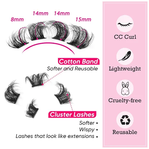 Vista 8 de Extensiones de pestañas naturales en racimo, pestañas postizas de aspecto natural wispy, pestañas individuales, tiras 3D, extensiones de pestañas