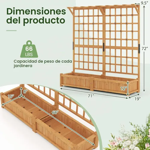 Vista 5 de HAPPYGRILL Cama de jardín elevada de 71 pulgadas con enrejado y 2 techos