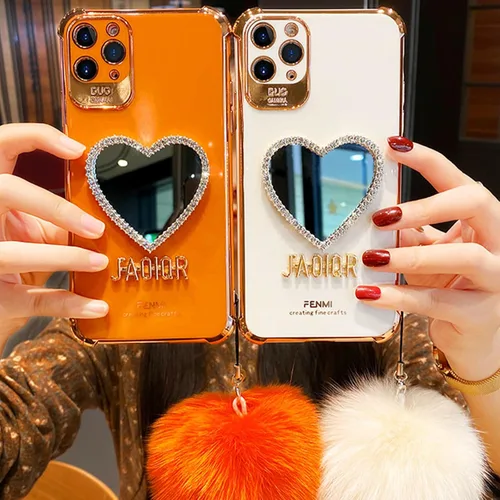 Vista 6 de Funda para teléfono con espejo de maquillaje, lujosa funda con marco en forma de corazón, bonita funda protectora brillante para iPhone, Blanco