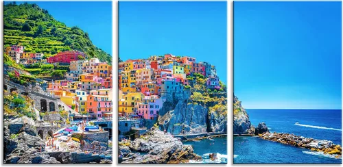Vista 2 de NAN Wind 3 piezas de lienzo moderno pintura de pared paisaje urbano tradicional puerto mediterráneo mar Cinque Terre Italia costa paisaje impresión