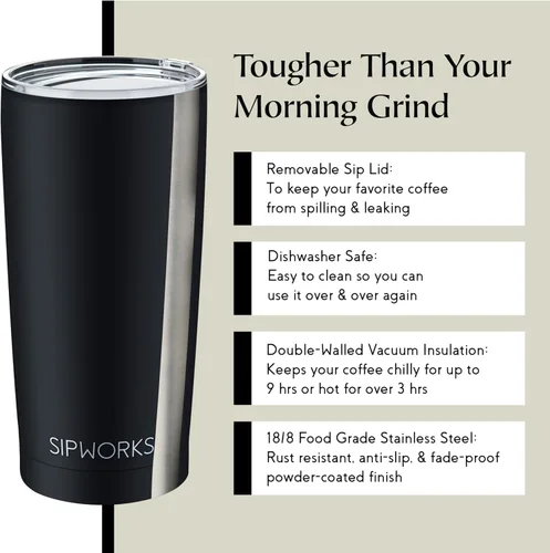 Vista 3 de Sipworks Vaso de café – Taza de café de viaje aislada de 20 onzas, resistente a derrames, de acero inoxidable, taza de café grande con tapa
