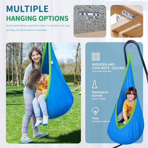 Vista 2 de Hamaca tipo cápsula OUTREE 100% de algodón para niños. Para uso interior y exterior, Azul