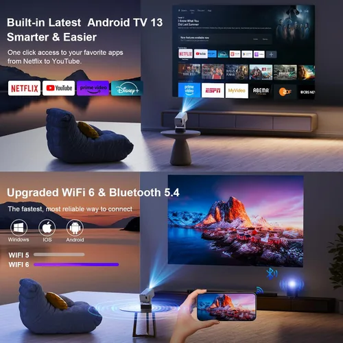 Vista 2 de Audio Dolby de 10 W, brillo mejorado, enfoque automático: soporte para mini proyector 4K - Proyector portátil inteligente con WiFi 6 y Bluetooth