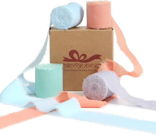 Vista 27 de Pretty Jolly Cinta de gasa beige para envolver regalos, 3 rollos de 2 pulgadas x 7 yardas, cinta de tela de seda hecha a mano con flecos para ramo