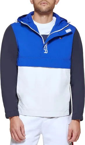 Vista 2 de Tommy Hilfiger - Chaqueta rompevientos con capucha para hombre, estilo retro, ligera, resistente al agua