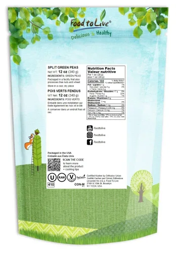 Vista 2 de Guisantes verdes divididos, 12 onzas, verificados sin OMG, secos, veganos, kosher, a granel. Fácil de cocinar. Rico en proteínas, fibra, minerales