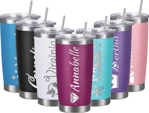 Vista 14 de Vaso personalizado con nombres, tapas y pajitas, vasos personalizados de acero inoxidable para mujeres, niños y hombres, regalo de 20 onzas, grabado