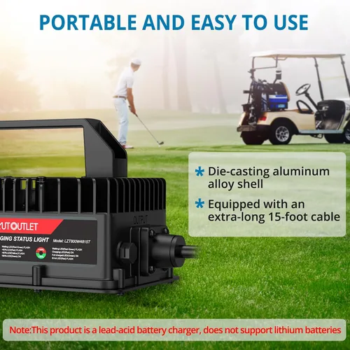 Vista 5 de AUTOUTLET Cargador de carrito de golf de 48 V y 15 amperios, carga rápida con tecnología inteligente para batería de plomo ácido, cable extralargo