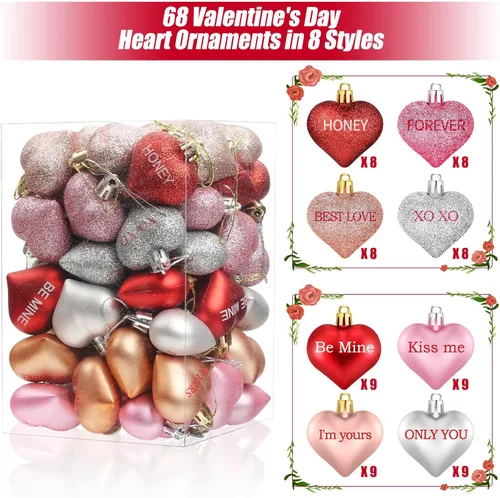 Vista 3 de Shynek 68 adornos de corazón para el día de San Valentín para árbol, bolas de corazón de San Valentín con palabras de amor dulces para decoraciones