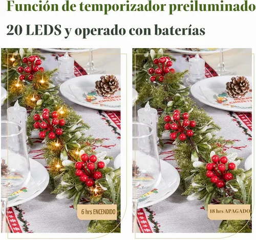 Vista 4 de Guirnalda de Navidad preiluminada de 6.5 pies con luces, guirnalda de olivo verde artificial con bayas rojas, funciona con pilas, guirnalda de pino