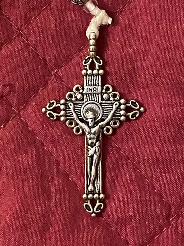 Vista 3 de Pink Frosted Glass Rosary with Miraculous Medal and 2" Crucifix St Michael Medal