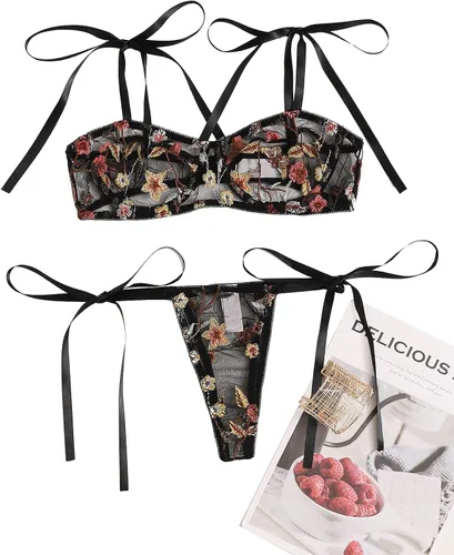 Vista 5 de SheIn Conjunto de lencería de dos piezas con brasier de malla floral para mujer
