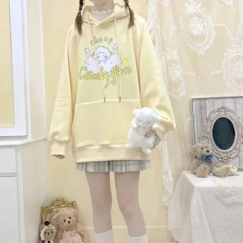 Vista 6 de Sudadera con capucha Kawaii con estampado de oveja, sudadera estética de gran tamaño, ropa de calle Harajuku, Albaricoque