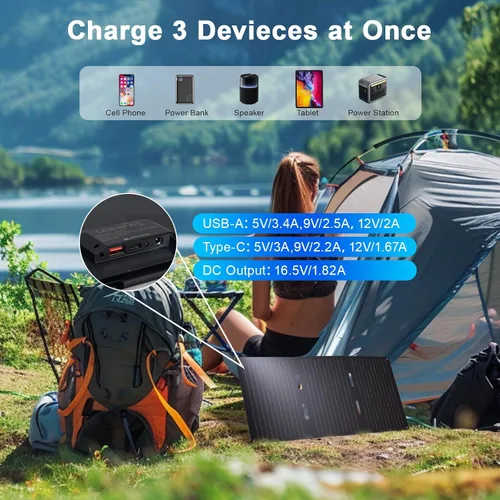 Vista 3 de Panel solar portátil de 30W, cargador de panel solar plegable con QC3.0 USB-A USB-C y salida DC para teléfono/banco de energía/iPad/estación