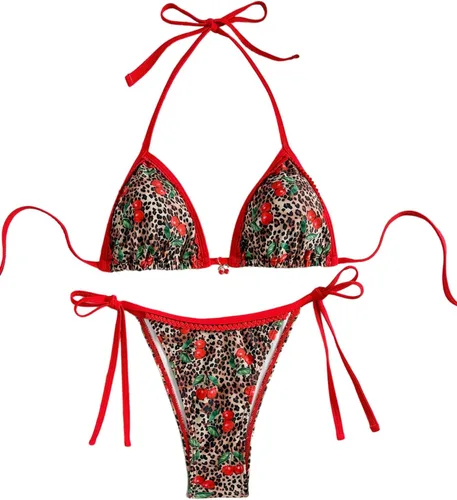 Vista 13 de WDIRARA Traje de baño de dos piezas para mujer estilo boho con estampado floral, conjunto de bikini halter con tiras en forma de triángulo