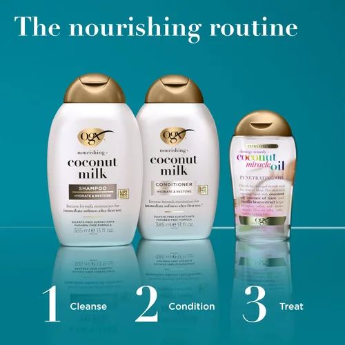 Vista 6 de OGX Acondicionador hidratante nutritivo + leche de coco, acondicionador hidratante y restaurador hidrata para cabello suave después del primer uso