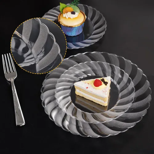Vista 7 de U-QE 100 platos de plástico transparente, platos de postre de plástico de 6 pulgadas, desechables, lavables y reutilizables, platos transparentes