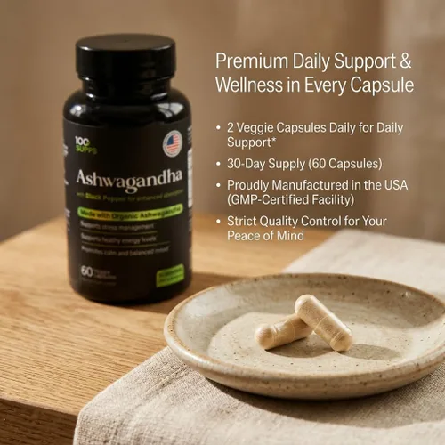 Vista 5 de Cápsulas de Ashwagandha con extracto de pimienta negra 4:1 (10 mg), hechas con polvo de Ashwagandha orgánico, 1200 mg por porción, 60 cápsulas