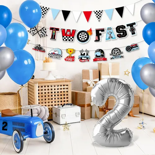Vista 8 de Decoración de dos cumpleaños rápidos, pancarta de papel de autos