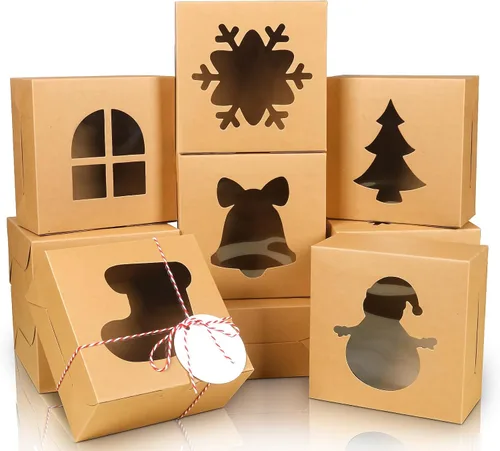 Vista 10 de COTOPHER 18 cajas de galletas de Navidad con ventana, 10 x 10 x 2.5 pulgadas, cajas de panadería marrones para regalo, cajas de postre de papel