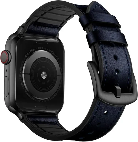 Vista 21 de OUHENG Correas de cuero compatibles con Apple Watch de 42mm 41mm 40mm 38mm, correa híbrida de cuero genuino y goma para iWatch Series 11 10 9 8 7 6