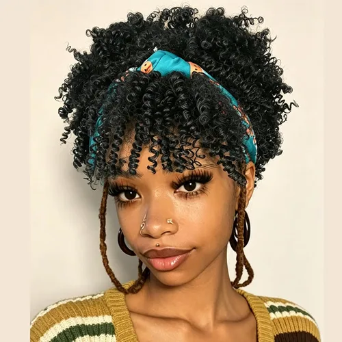 Vista 12 de Aisaide Peluca de Diadema Afro Rizada Crespa, Pelucas Afro Negras Cortas para Mujeres Negras, Peluca Sintética Rizada Crespa con Diadema y Flequillo