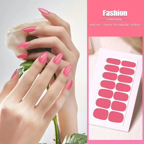 Vista 2 de 16 hojas de envolturas de uñas rosas para mujer, tiras de esmalte de uñas de color sólido, tiras de uñas de gel, autoadhesivas, calcomanías