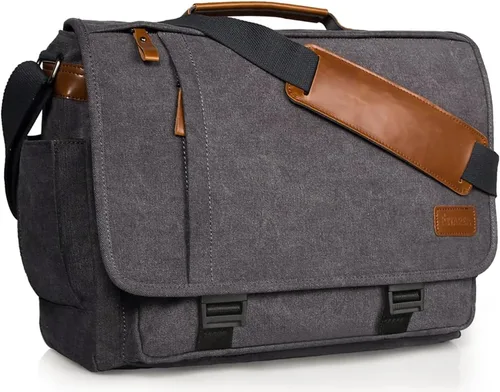 Vista 6 de ESTARER Bolsa de mensajero para laptop de 13 a 14 pulgadas, resistente al agua, bolsa de hombro de lona para universidad de negocios, gris