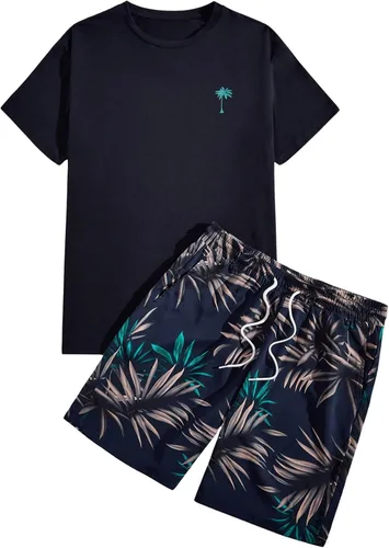 Vista 11 de GORGLITTER Conjunto de 2 piezas de camiseta gráfica de manga corta para hombre, estampado hawaiano con cordón y pantalones cortos