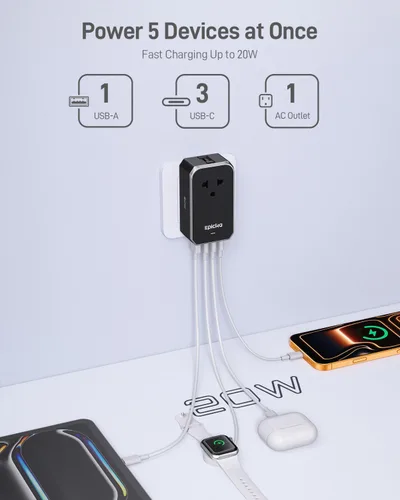 Vista 3 de EPICKA Adaptador de viaje universal Air 20W PD&QC con 1AC/3USB-C/1USB-A