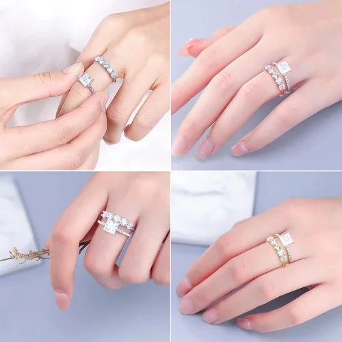 Vista 5 de Anillos de moissanita de 5 piedras para mujer, 0.157in, color D, claridad VVS1, anillos de aniversario de diamantes creados en laboratorio, oro