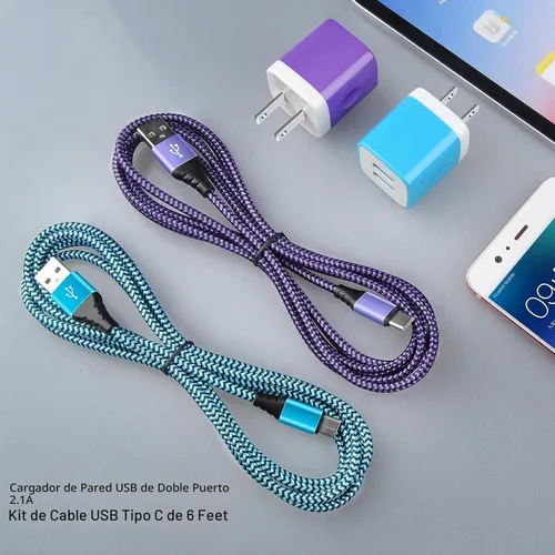 Vista 7 de Cargador USB tipo C enchufe de doble puerto cargador de pared rápido bloque de carga de teléfono con 2 cables C de 6 pies para Samsung Galaxy S26