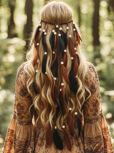 Vista 7 de CAKURE Diadema de plumas bohemias, diadema gitana, diadema hippie india, accesorios para el cabello para mujer