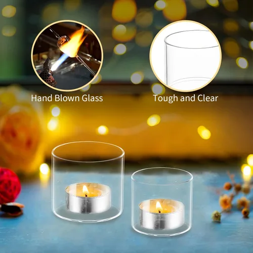 Vista 6 de Portavelas votive Tea Light – Mini portavelas de cristal transparente como velas a la luz de las velas para cenas, eventos, cumpleaños, boda