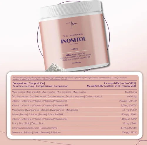 Vista 5 de QSTA Suplemento de mio-inositol y D-Chiro inositol para mujeres 4100 mg (proporción 40: 1) - Soporte hormonal y metabólico 9 en 1 con mioinositol.