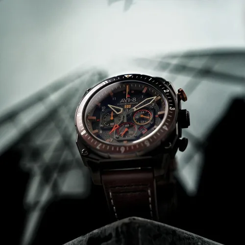 Vista 4 de AVI-8 Reloj Hawker Hunter Atlas Dual Time Cronógrafo Correa de cuero genuino