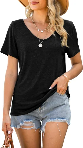 Vista 4 de Camisetas de manga corta con cuello en V para mujer, camisetas básicas casuales