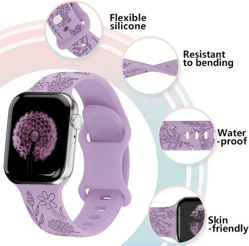 Vista 3 de Paquete de 3 correas grabadas con flores compatibles con Apple Watch de 1.496 pulgadas, 1.575 pulgadas, 1.614 pulgadas, 1.654 pulgadas, 1.732
