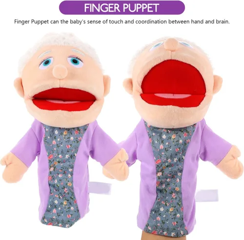 Vista 4 de Marioneta de mano para abuela, figura de miembro de la familia con boca móvil, marioneta de mano de felpa, juguetes de simulación, accesorios