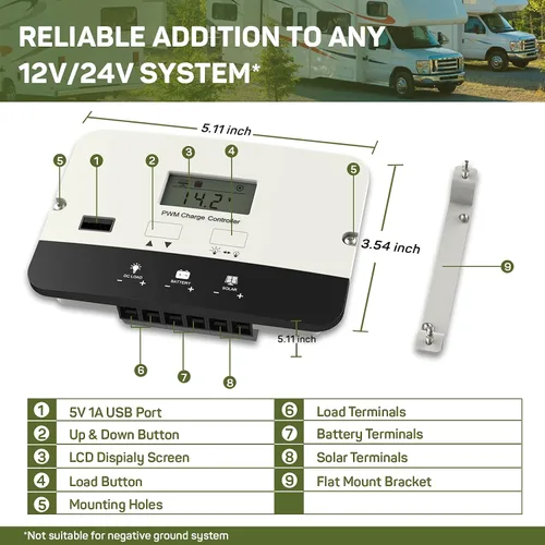 Vista 2 de HQST controlador de carga solar PWM, controlador de batería de panel solar de 20A con montaje empotrado, regulador inteligente automático de 12/24V