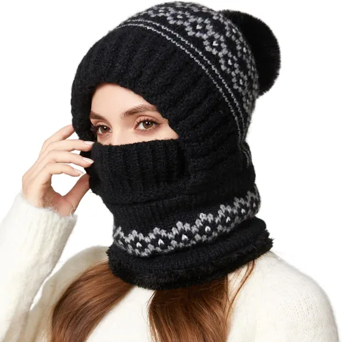Vista 11 de Pasamontañas de una pieza para mujer, gorro de cráneo, bufanda para el cuello, bufanda de esquí, nieve, invierno, gorro de forro polar de punto