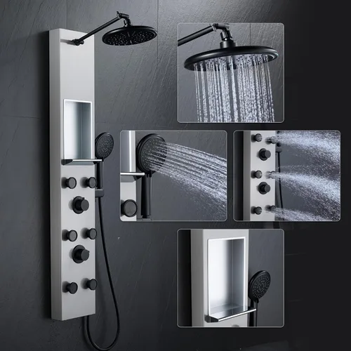 Vista 13 de POPFLY Sistema de Panel de Torre de Ducha con Altura de Brazo de Ducha Ajustable, Sistema de Cabezal de Lluvia, Panel de Ducha de Acero Inoxidable